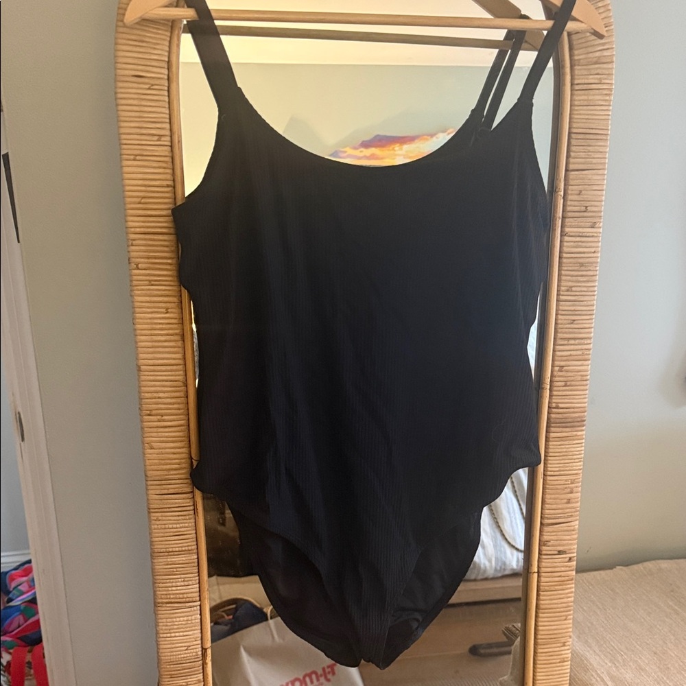 Andie Black Ribbed Scoop One-Piece Swimsuit with Thin Straps
